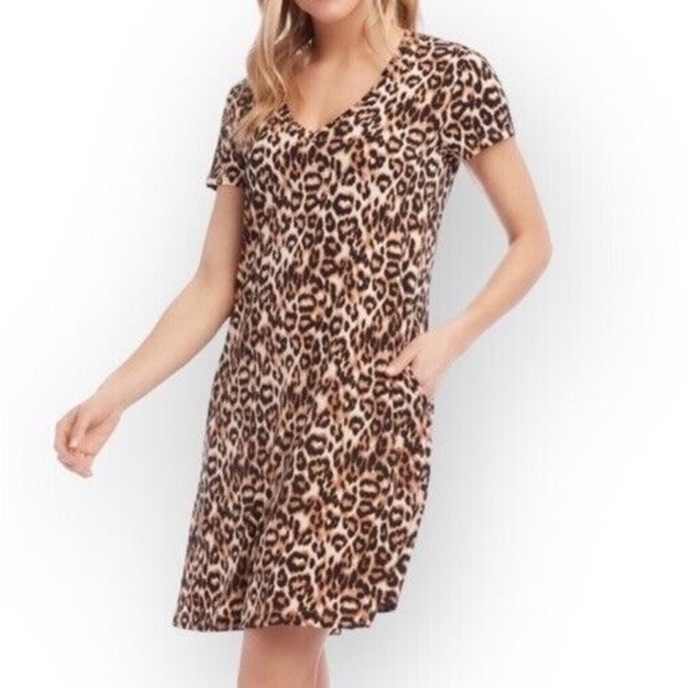 Karen Kane XS Mini Dress Leopard Print Short Sleeve Brown Jersey Casual Pockets